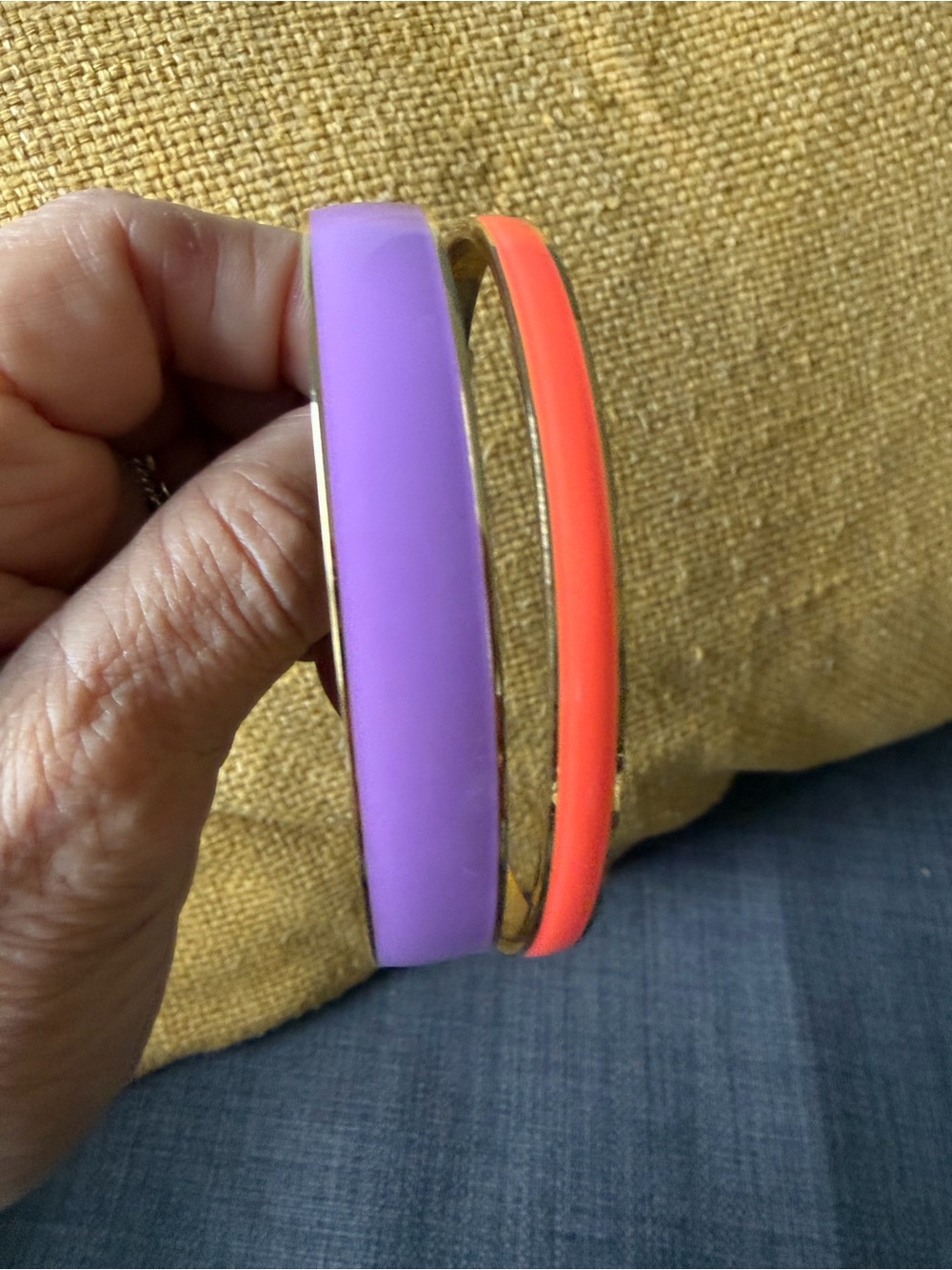 J. Crew Gold-Tone Bangles (2) Coral Orange & Lavender Enamel vintage